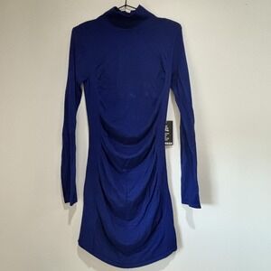 Express Dress Womens Medium Blue Ruched Long Sleeve Turtleneck Bodycon NWT
